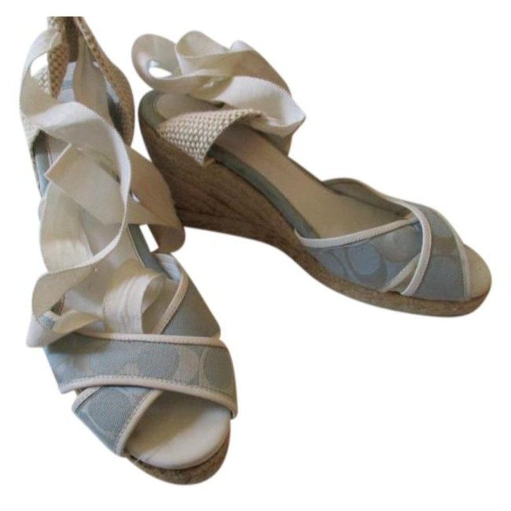 Coach Blue And Tan Powder And Beige Espadrille Sandals With Ties Platform Wedges
